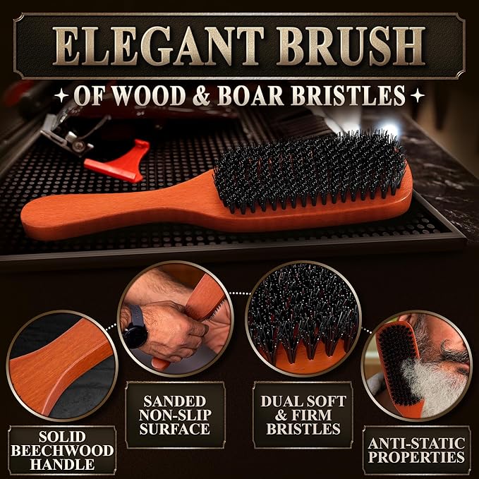 Mens Beard Brush with Handle, 9 in, Soft Boar Bristle, Wooden