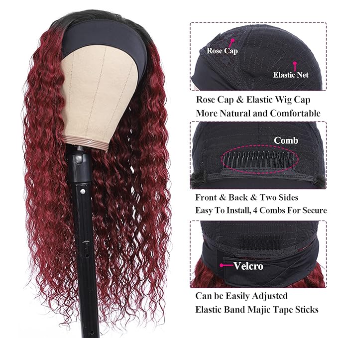 Aiterina Headband Wig deep wave human hair wigs for Black Women Brazilian Remy Hair Glueless Non Lace Front Wig 150% Density (22 inch, 1B/99J)