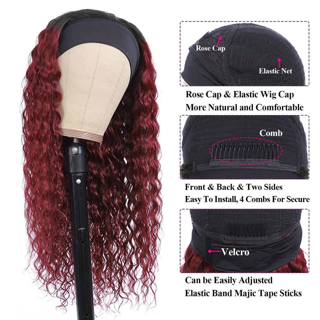 Aiterina Headband Wig deep wave human hair wigs for Black Women Brazilian Remy Hair Glueless Non Lace Front Wig 150% Density (10 inch, 1B/99J)