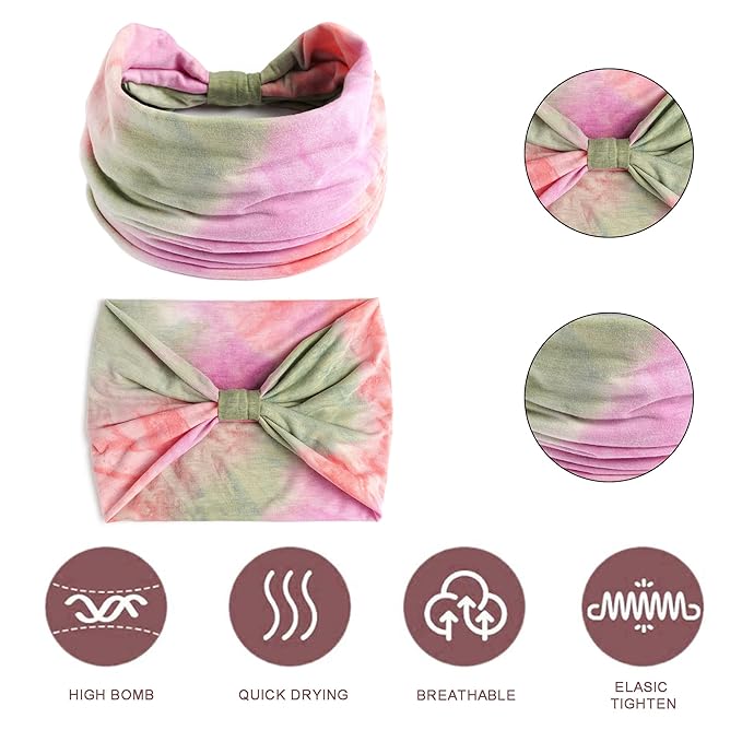 Boho Headbands For Women Fashion Stretch Wide Hair Bands Tie Dye Knoted Turban Head Bands Yoga Running Sweatband Elastic Headband Stylish Wrap Headbands Hair Accessories for Teen Girls 4 Pack