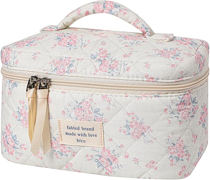 uekeboag Large Travel Quilted Makeup Bag for Women, Floral Cotton Cosmetic Bag, Coquette Aesthetic Floral Toiletry Organizer Bag (07PinkRose)
