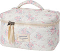uekeboag Large Travel Quilted Makeup Bag for Women, Floral Cotton Cosmetic Bag, Coquette Aesthetic Floral Toiletry Organizer Bag (07PinkRose)