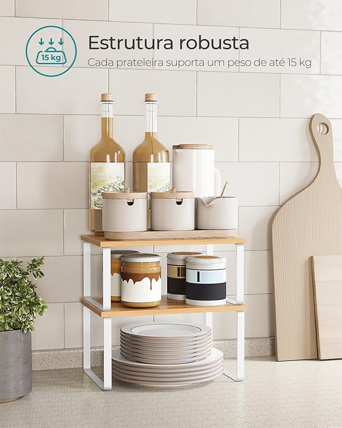 SONGMICS Cabinet Organizer Shelf, Set of 2 Kitchen Counter Shelves, Kitchen Storage, Spice Rack, Stackable, Expandable, Metal and Engineered Wood, 11.7 Inches, Cloud White and Natural Beige UKCS02NW