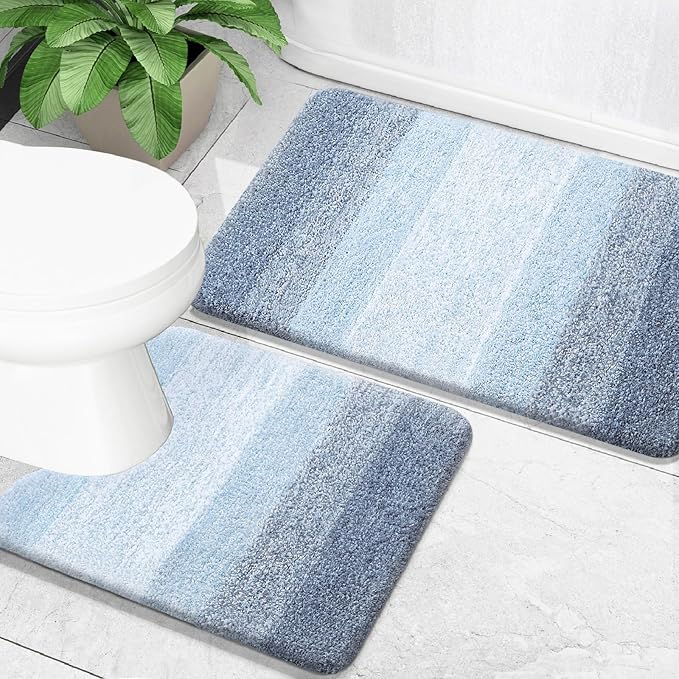 OLANLY Bathroom Rug Set 2 Piece, Soft Absorbent Microfiber Bath Mats and U-Shaped Contour Toilet Rug, Non-Slip, Machine Wash Dry, Plush Shaggy Bath Mats for Bathroom (30"x20"+24"x20", Blue)