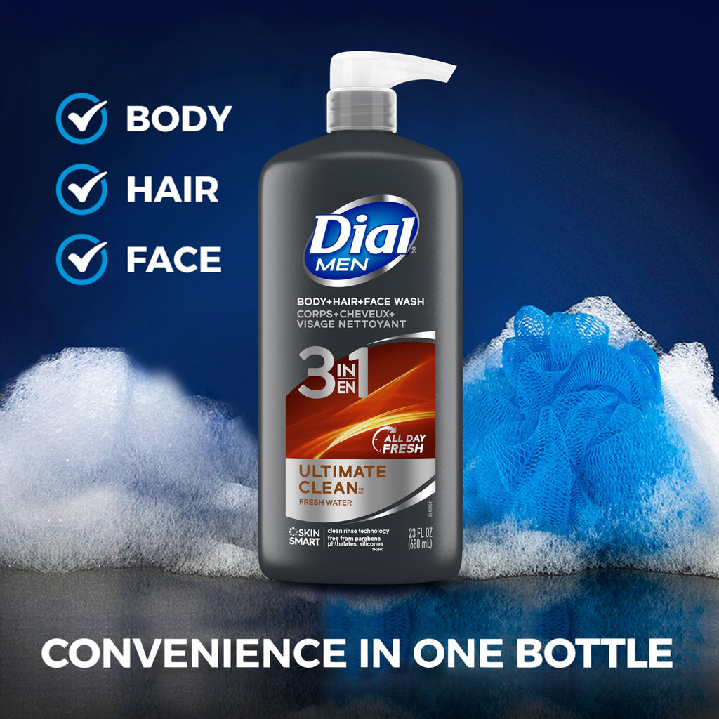 Dial Men 3 in 1 Body, Hair and Face Wash, Refresh, 23 Fl Oz, Pack of 3, Cleanses Deep + Gentle on Skin with Clean Rinse Technology