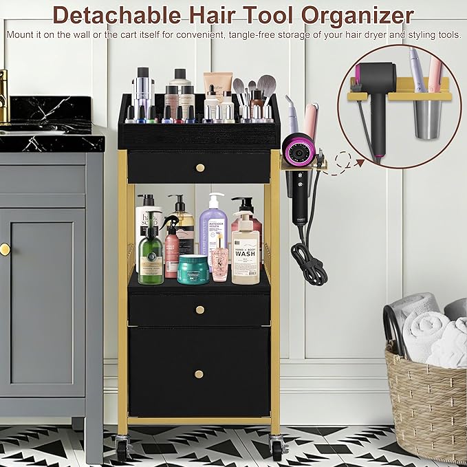 NauwaBarn Makeup Organizer Cart with 3 Drawers, Rolling Vanity Organizer with Detachable Hair Tool Holder & Wheels, Floor Makeup Storage Cart for Skincare, Perfume, Nail Polish, Gold & Black