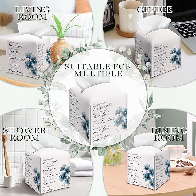 Christian Bible Verses Tissue Box Cover Square, Thank God Waterproof Leather Tissue Box Holder, Blue Flower Stylish Paper Facial Tissue Box Covers Cube for Office Bathroom Home Prayer Room