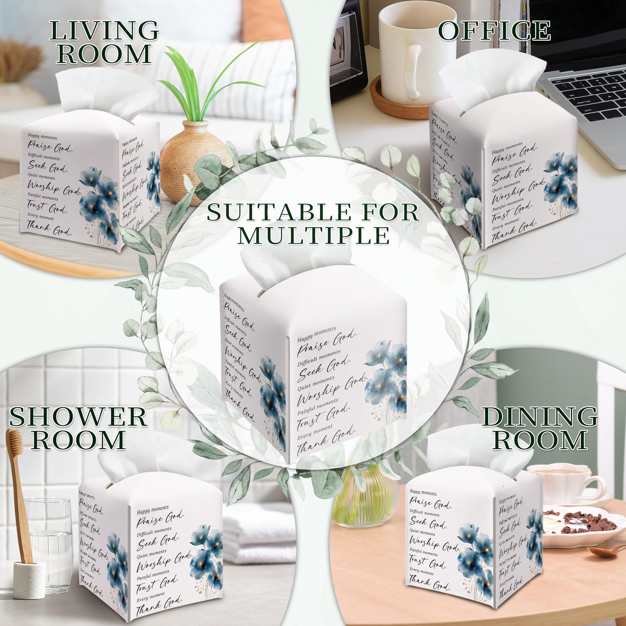 Blue Floral Tissue Box Cover, PU Leather Drawstring Bottom - Thank God, Inspirational Quotes, A Thoughtful Gift for Friends, Colleagues & Christian Loved Ones | Decorative Organizer
