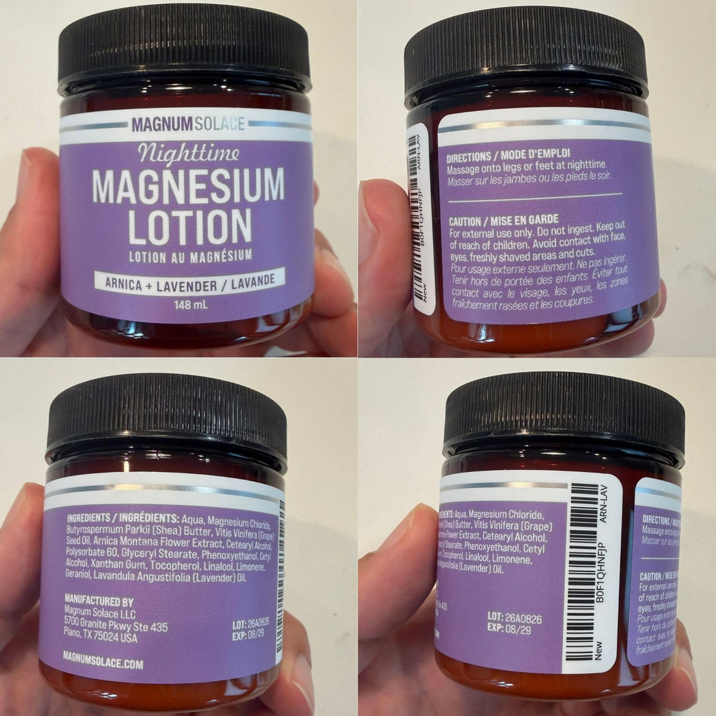 Magnum Solace Nighttime Magnesium Lotion with Arnica – Highly Concentrated Magnesium for Muscles & Joints – Apply to Legs or Feet Before Bed – Skin-Friendly