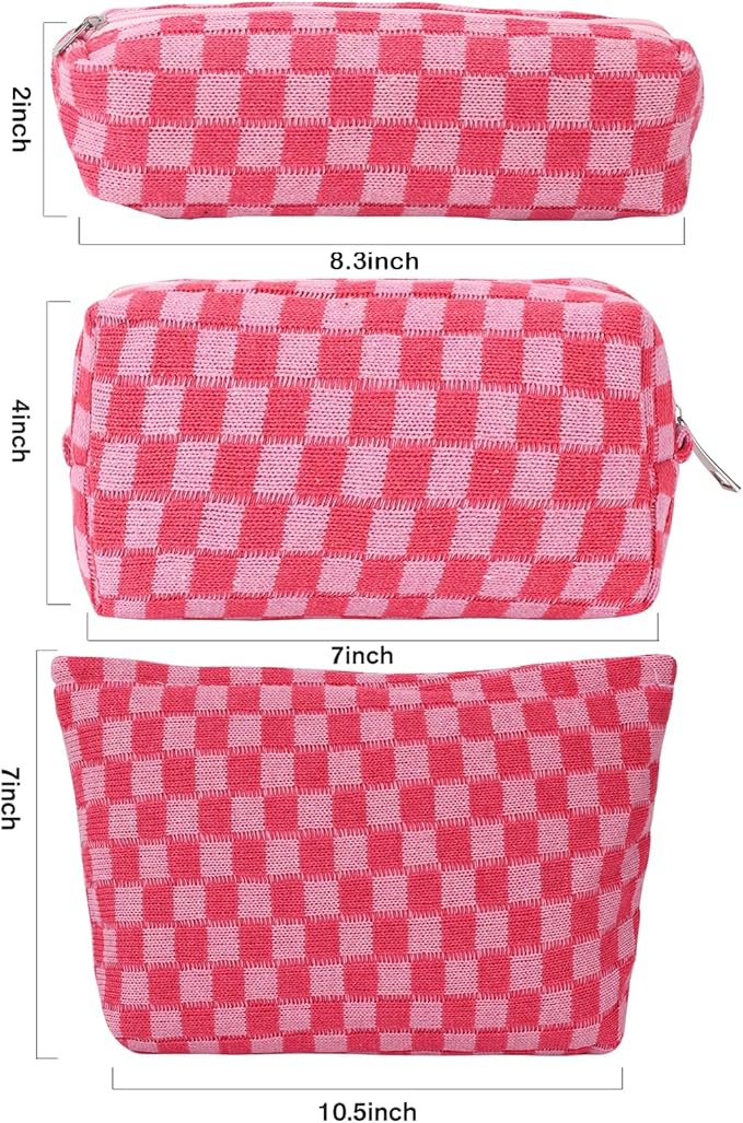 LYDZTION Large Capacity Makeup Bag Set - 3 Pieces Checkered Cosmetic Bag for Women Travel Makeup Bag Organizer Cute Makeup Brushes Storage Bag Travel Toiletry Bag Storage Bag for Women,Pink