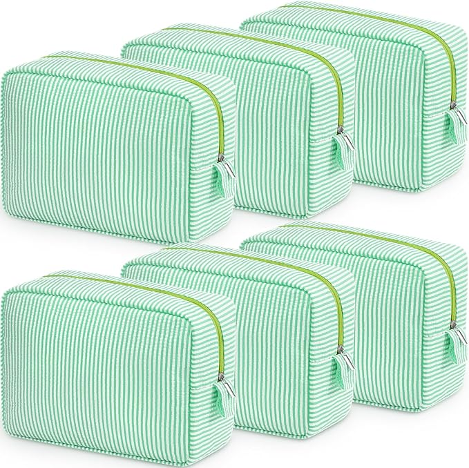 Sanwuta 6 Seersucker Cosmetic Bag Bulk Striped Makeup Bag for Women Aesthetic Cute Travel Toiletry Organizer Preppy Storage Pouch for Wedding Bridesmaid Mother's Day Teacher Gift (Large,Green)