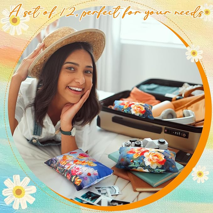 Sweetude 12 Pcs Oil Painting Flowers Makeup Bag Bulk Portable Flower Travel Cosmetic Bags with Zipper Retro Floral Waterproof Roomy Travel Toiletry Organizer Storage Beauty Pouch for Women Gifts