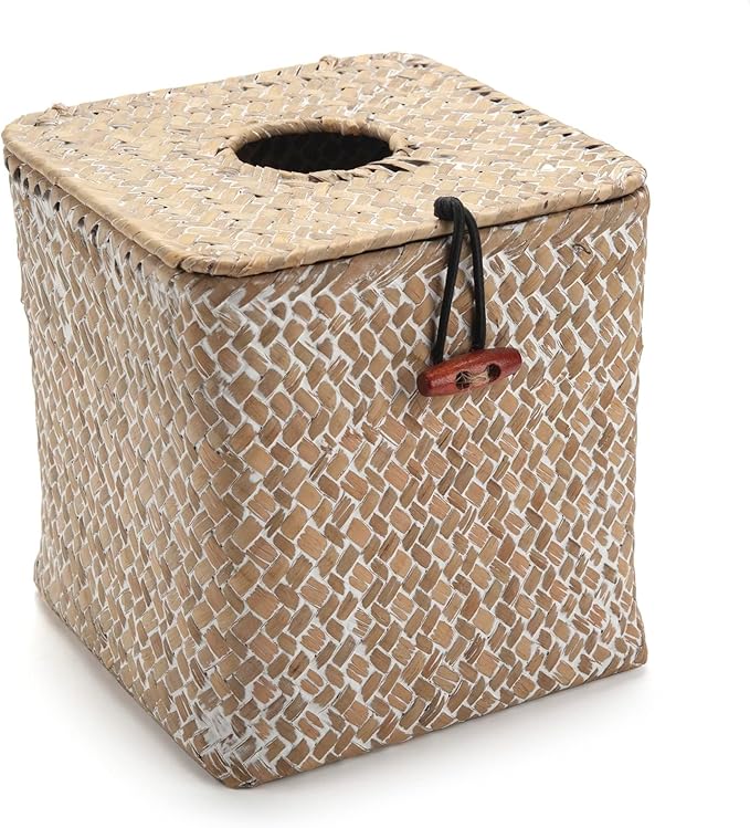 Seagrass Square Tissue Box Cover Woven Napkin Holder Decorative for Bathroom Farmhouse (Whitewash, 5.5 x 5.5 x 5.5 Inch)
