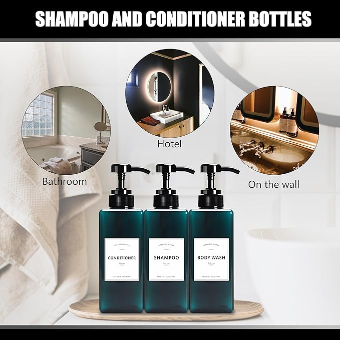 YACEYACE Large Shower Bottles with Pump, 22oz Set of 3 Shampoo Dispenser Bottles, Refillable Shampoo Dispenser Bottles for Travel, Bathroom, Kitchen