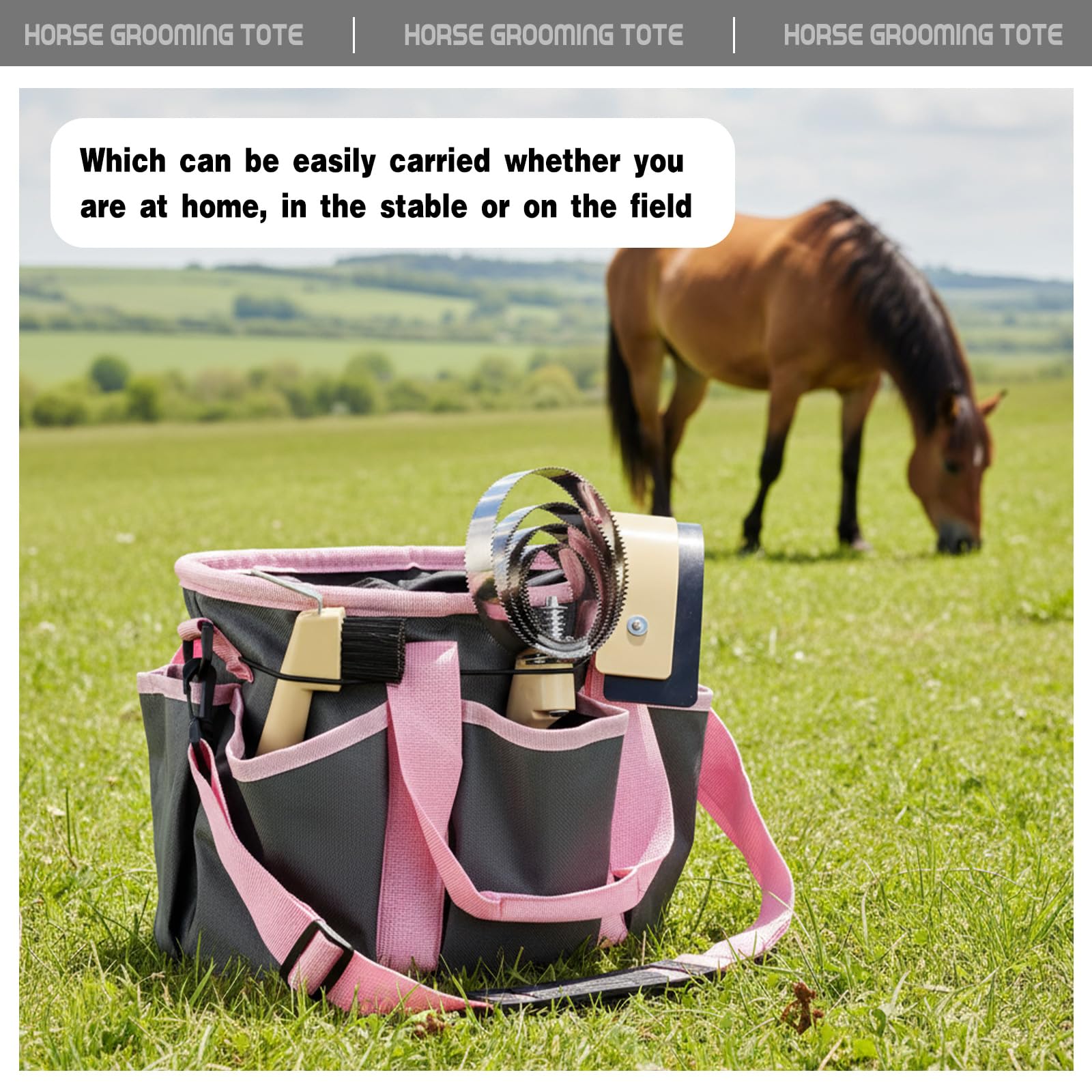 Abbylike Grooming Tote Bag for Horses and Dogs Organize Tack Tools Equestrian Grooming Kit Care Portable with Multiple Pockets for Supplies(Stylish,10.63 x 10.63 x 9.45 Inch,Grey and Pink)