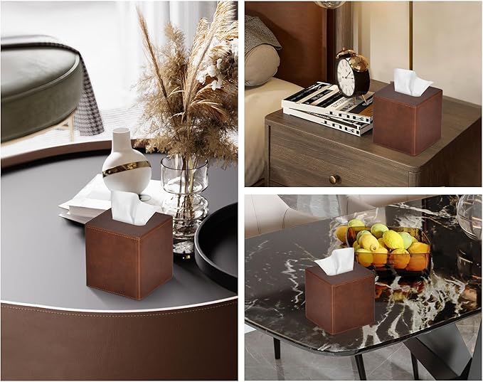 GOLRANLYE Tissue Box Cover Square PU Leather Facial Tissue Box Holder for Dresser Bathroom Decor (Brown)