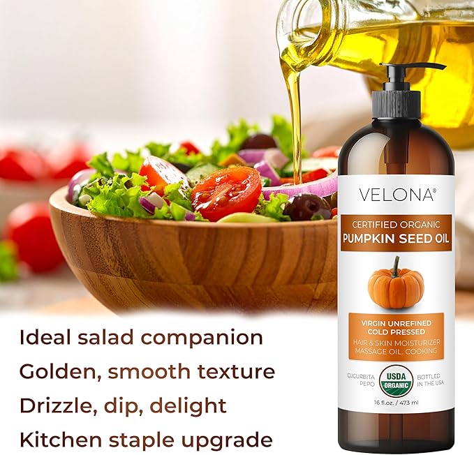 velona Pumpkin Seed Oil USDA Certified Organic - 16 Fl Oz | 100% Pure and Natural Carrier Oil | Unrefined, Cold Pressed | Cooking, Face, Hair, Body & Skin Care | Use Today - Enjoy Result