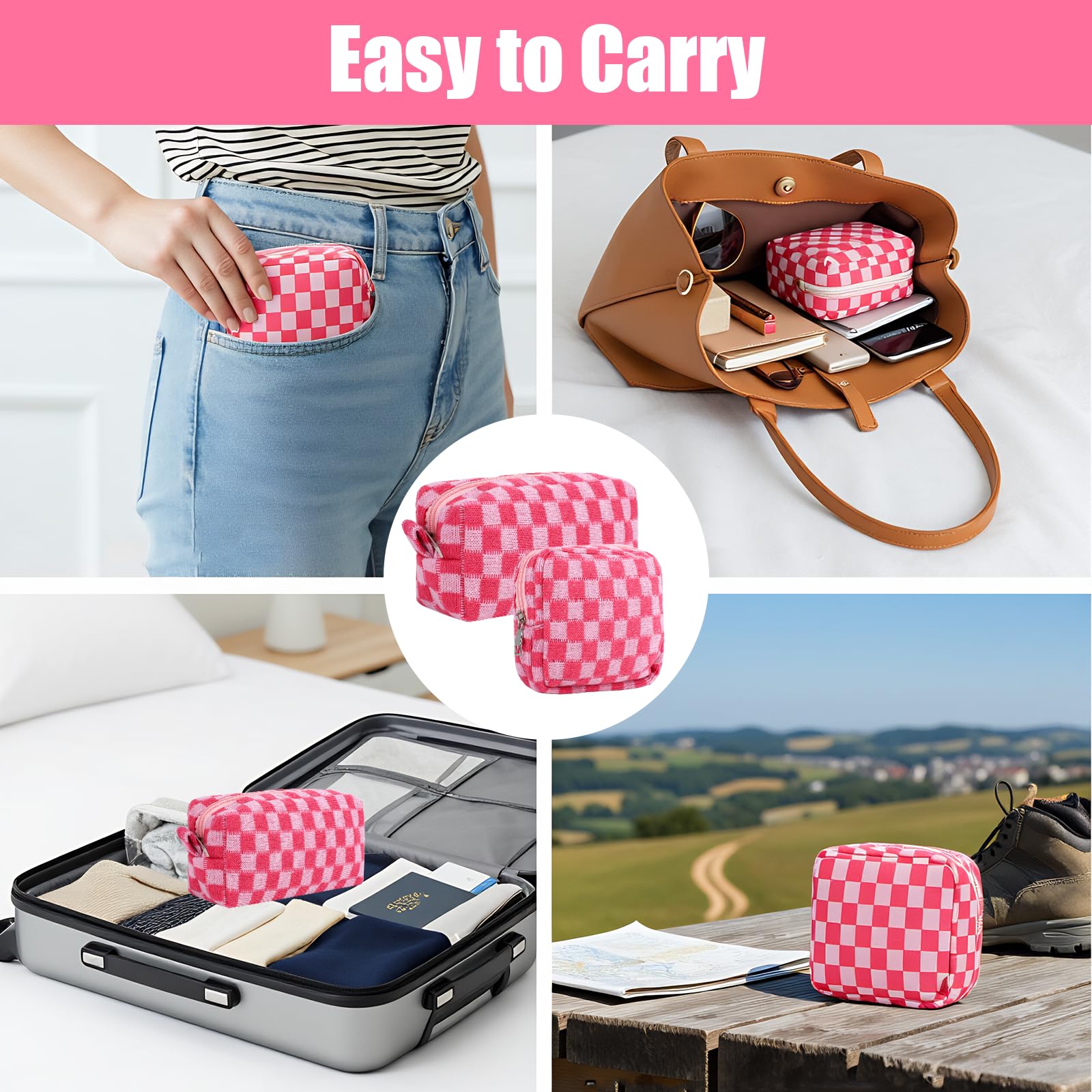 2 Pcs Sanitary Napkin Storage Bag, Zipper Checkered Sanitary Pouch Period Bags, Portable Tampon Pad Pouch Pad Bag for Women Travel Daily, Reusable Period Bag for Teen Girls for School Women Pink