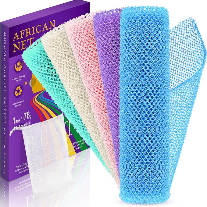 5 Pieces African Bath Sponge African Net Long Net Bath Sponge Transform Your Shower Routine with African Bath Sponges for Exfoliated, Silky Smooth Skin (Purple, Pink, Green, Blue, White)