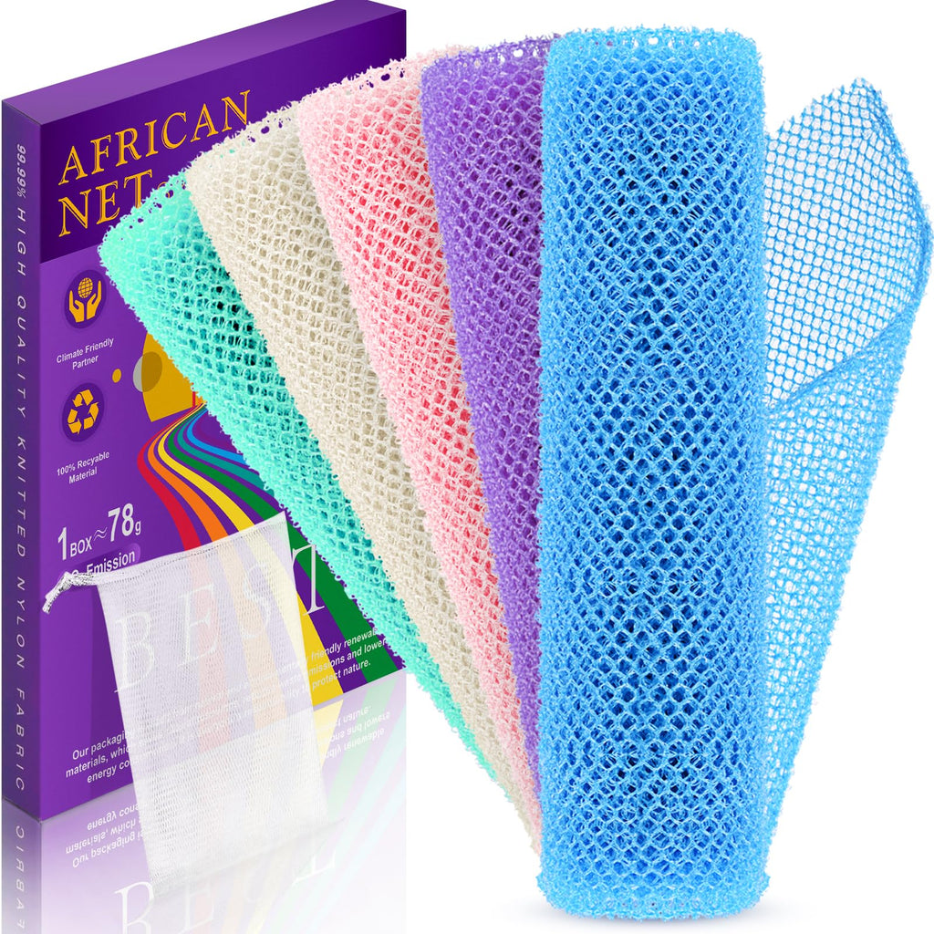 5 Pieces African Bath Sponge African Net Long Net Bath Sponge Transform Your Shower Routine with African Bath Sponges for Exfoliated, Silky Smooth Skin (Purple, Pink, Green, Blue, White)