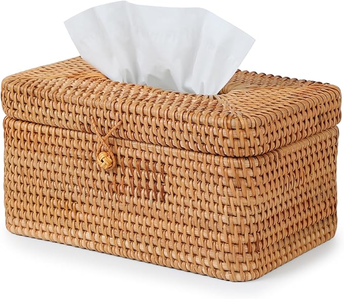Rattan Rectangular Tissue Box Cover, 10.8" x 6.7" x 5.5", Decorative Woven Facial Tissue Holder with Hinged Top Lid, Fits Up to 180 Sheets, Natural Color
