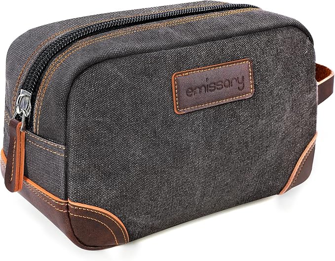 emissary Men's Canvas Travel Toiletry Bag, Leather Dopp Kit - Gray