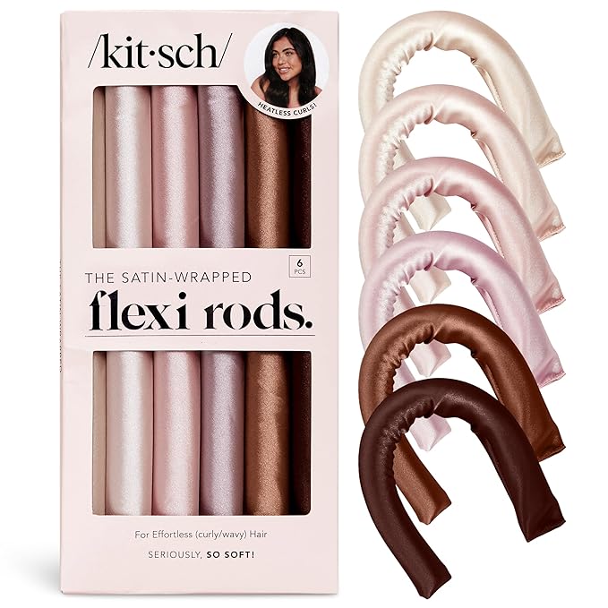 Kitsch Satin Flexi Rods, Heatless Curling Rods - No Heat Curls Overnight, Comfortable Hair Curlers to Sleep In for Frizz-Free and No Heat Damage Styling - 6pcs, Rosewood