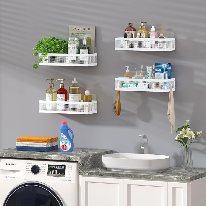 PUSDON 5-in-1 Wide Wall Mount Wrapped Mesh Kitchen Organizer & Shower Caddy Kit, with Paper Towel Holder, Utensil Holder, Soap Dish, Heavy Duty 50LBS - White, Netting