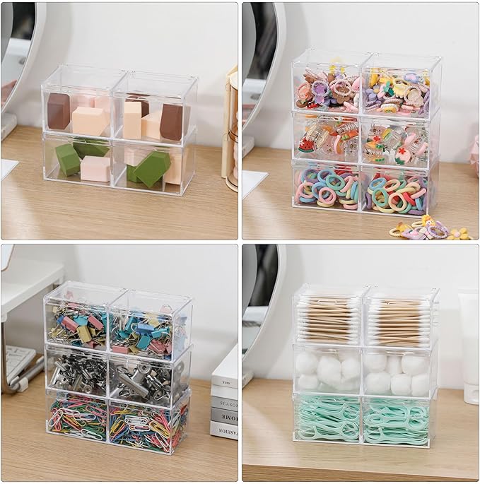3 Pack Bathroom Canister with Divider, Plastic Vanity Drawer Storage Jars with Lid for Cotton Balls, Makeup Pads, Hair Ties, Clear Desk Drawer Container for Home Office Supplies