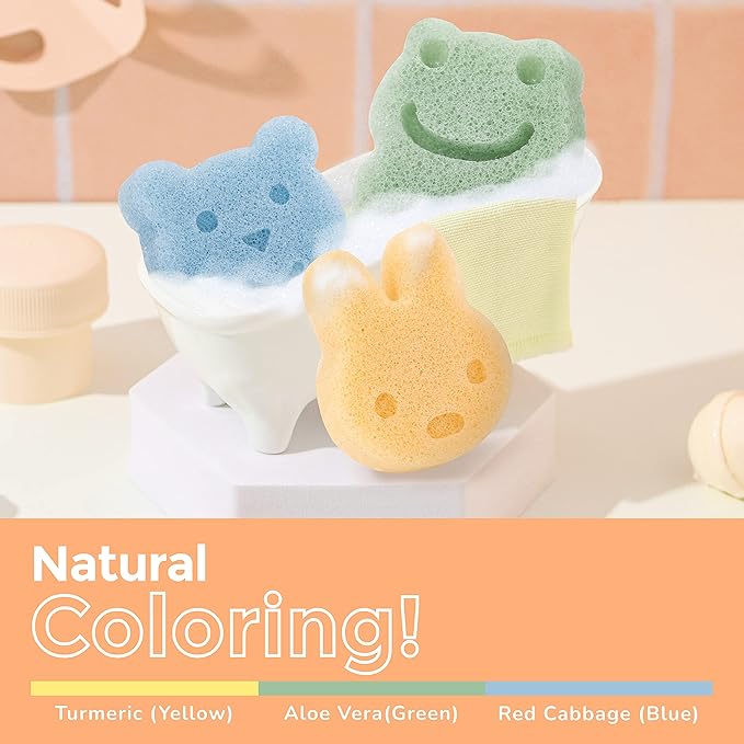 myHomeBody Konjac Sponge, Bath loofah, 3pc, Rabbit, Frog, Bear face