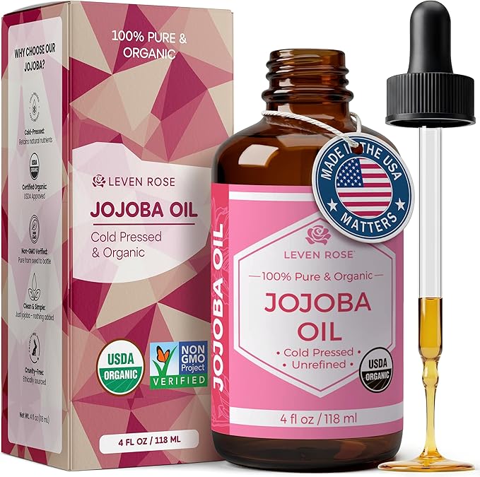 Leven Rose Jojoba Oil Organic, Pure Cold Pressed Carrier Oil, Natural Unrefined Moisturizer for Skin Hair and Nails 4 oz