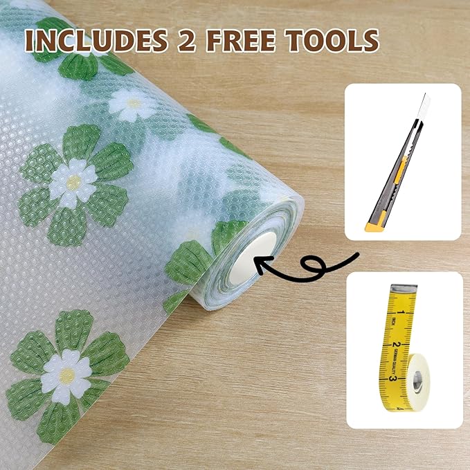 Drawer and Shelf Liner for Kitchen Cabinet,Non-Adhesive Waterproof EVA Drawer Liner for Dresser & Bathroom Vanities with Cutting Tool(12 in X 10 Ft Green Chrysanthemum)
