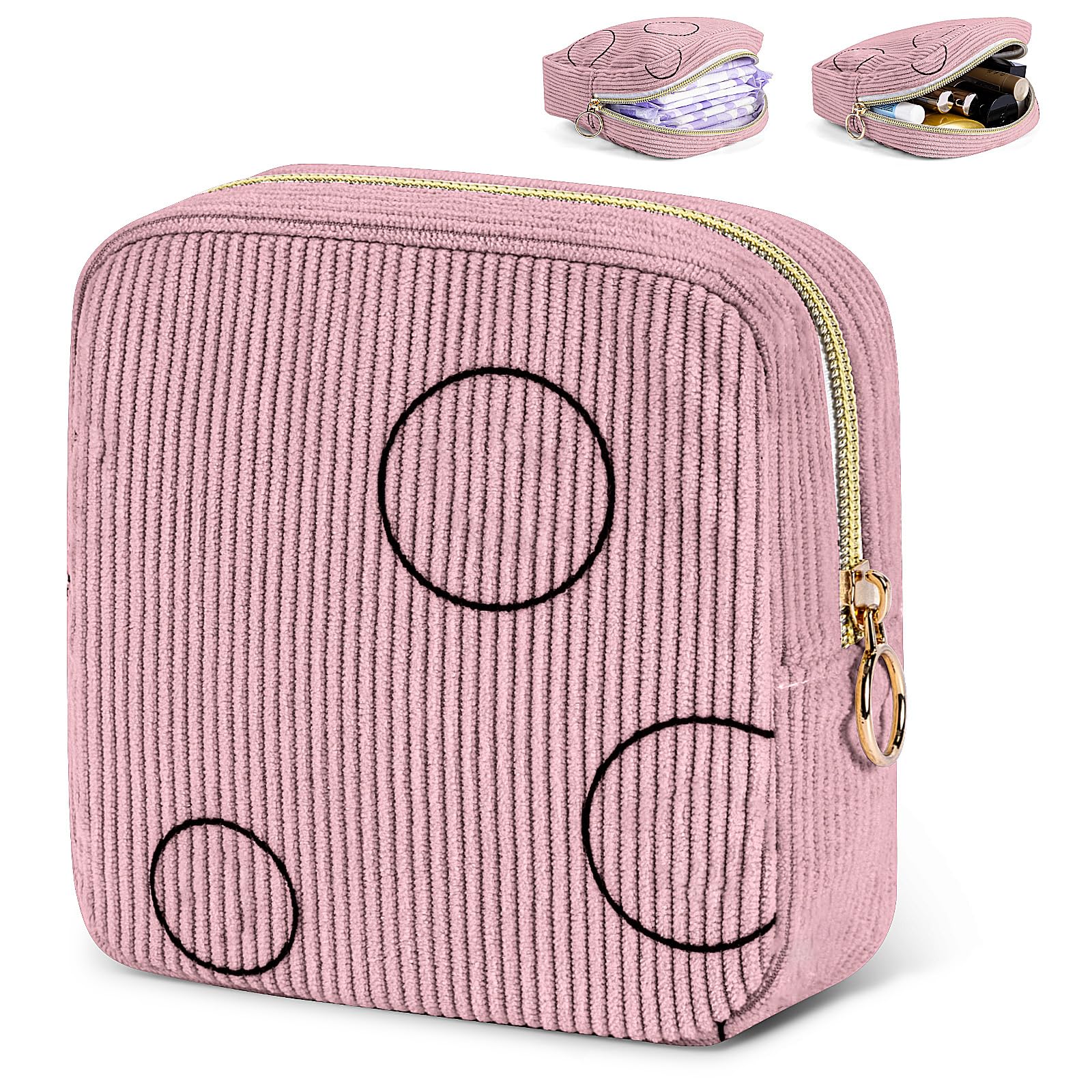 SIDESUGAR Period Bag for Teen Girls - Shark Week Pouch - Corduroy Portable Sanitary Pad Bags - Holds 6-10 Pads - Pink