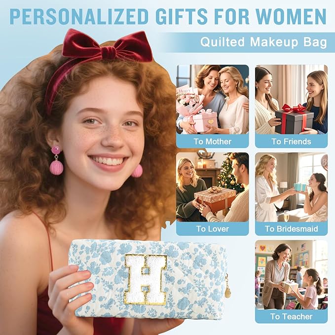 Personalized Quilted Cosmetic Bag, Puffy Monogrammed Christmas Birthday Gifts for Women & Girls, Cute initial Floral Makeup Bag Puffer Coquette Bag, Aesthetic Travel Toiletry Zipper Pouch(Blue,H)