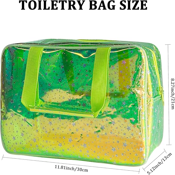 TotePrint Holographic green Clear Star Large Cosmetic Bag and TPU Travel Pouch with Handle,Durable Material,Zipper Design-Ideal for Makeup,Travel Essentials (Holographic green+stars)