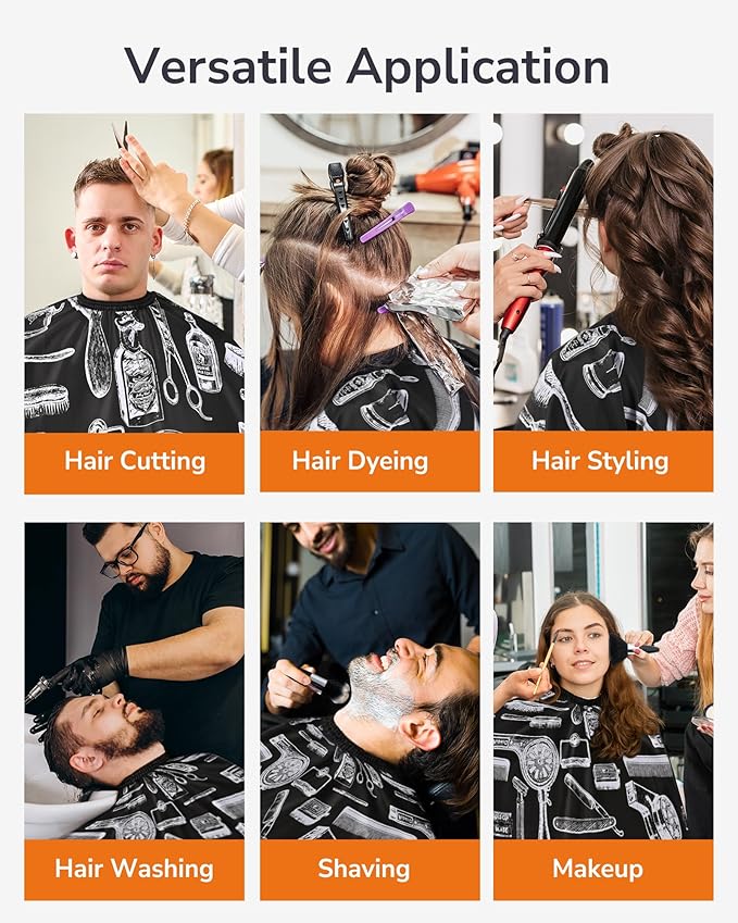 ULG Professional Hair Cutting Cape with Neck Duster Brush Waterproof Extra Large Size Salon Barber Cape Haircut Cape for Men Women and Kids, 57”×72” Full Body Coverage, Black with White Printing