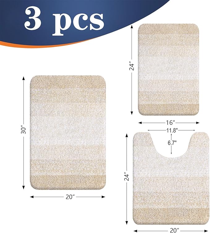 OLANLY Microfiber Bathroom Rugs Sets 3 Piece, 30"x20"+24"x16"+24"x20"