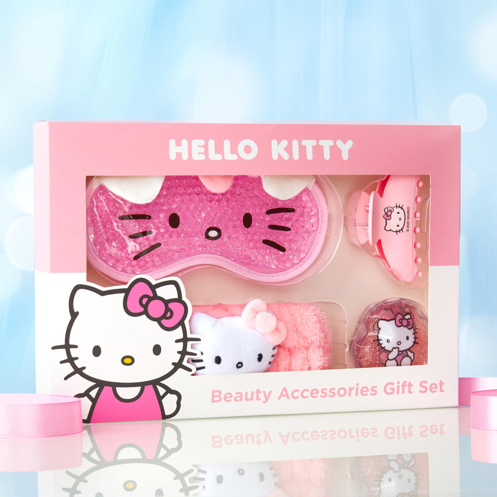 Hello Kitty Sanrio Beauty Set for Women, Teens with Cooling Gel Eye Mask, Plush Skincare Headband, Claw Clip, Eye Pads, Kawaii Gifts for Women (Pink Hello Kitty)
