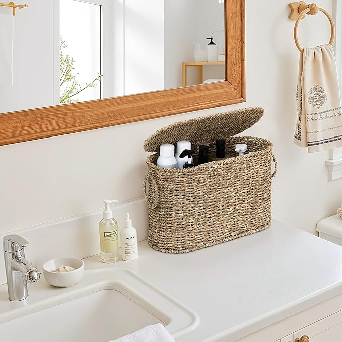 StorageWorks Seagrass Toilet Paper Storage with Lid, Paper Towel Storage
