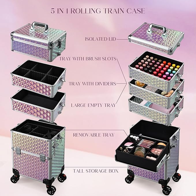 Yueieoun 5 in 1 Rolling Makeup Case, Cosmetology Case on Wheels Travel Make up Train Case Nail Cart Makeup Organizer Cosmetic Storage Box Cases Extra Large Trolley Truck with 360° Swivel Wheels, Pink