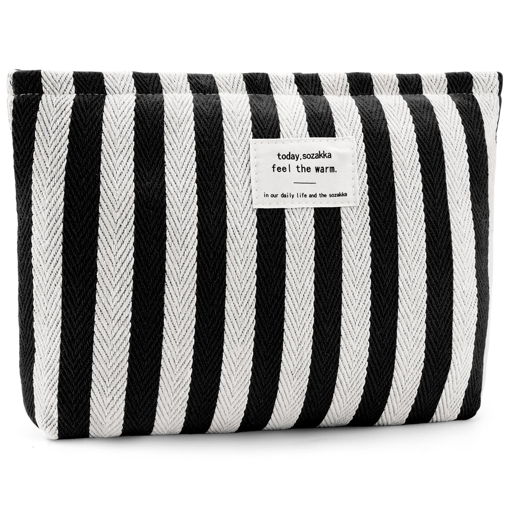 ZLFSRQ Striped Makeup Bag Large Canvas Travel Makeup Bag for Women Cosmetic Pouch Cute Black Striped Make Up Pouch for Purse Y2k Aesthetic Trendy Zippered Toiletry Bags Gift Skincare Storage Organizer