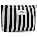 ZLFSRQ Striped Makeup Bag Large Canvas Travel Makeup Bag for Women Cosmetic Pouch Cute Black Striped Make Up Pouch for Purse Y2k Aesthetic Trendy Zippered Toiletry Bags Gift Skincare Storage Organizer