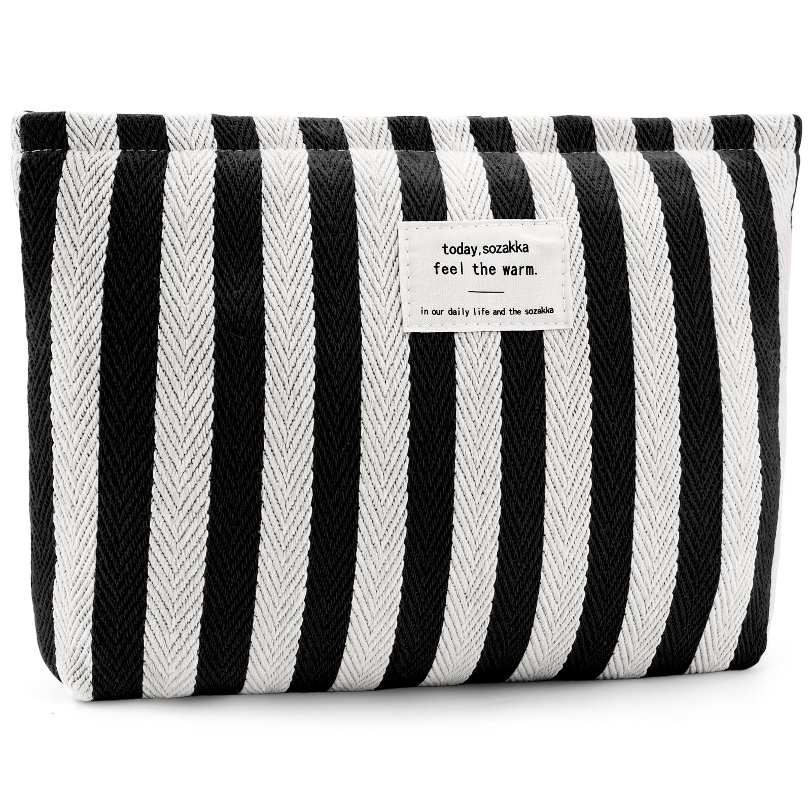 ZLFSRQ Striped Makeup Bag Large Canvas Travel Makeup Bag for Women Cosmetic Pouch Cute Black Striped Make Up Pouch for Purse Y2k Aesthetic Trendy Zippered Toiletry Bags Gift Skincare Storage Organizer
