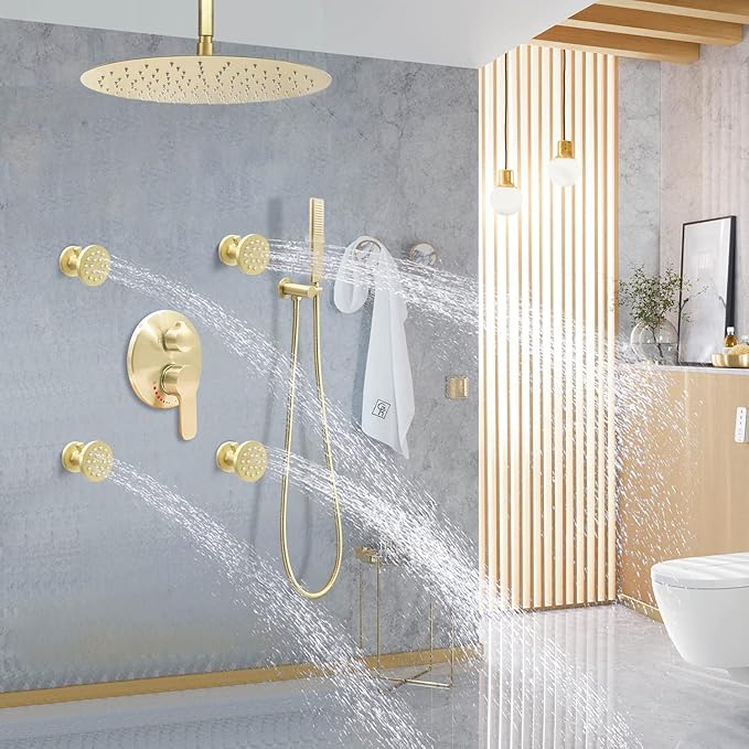 Solid Brass Shower Body Jets with Adjustable Flow - Round Massage Spa Shower Spray Jets for Concealed Wall Mounting, Brushed Gold