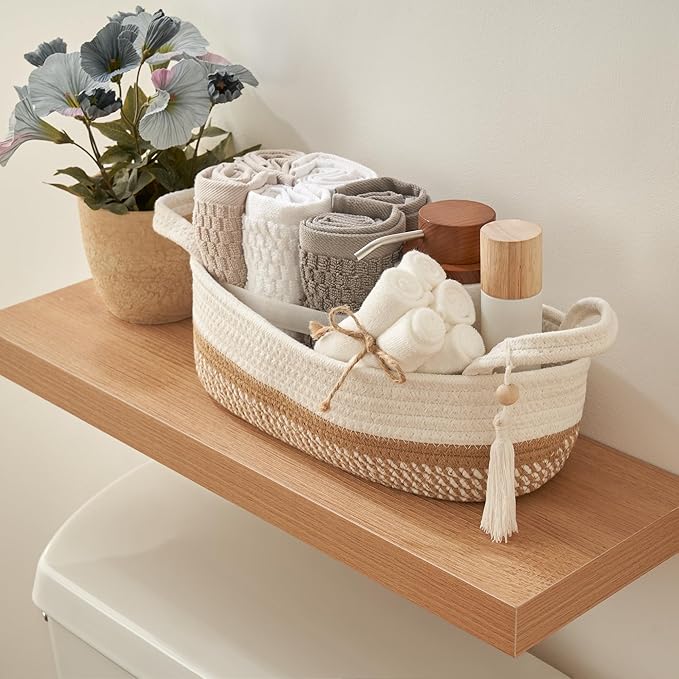 Decorative Toilet Paper Basket – Beautiful Bathroom Organizer for Toilet Tank Storage Decor – Boho Cotton Rope Bin with Tassel for Bathroom Accessories and as Shelf Decor