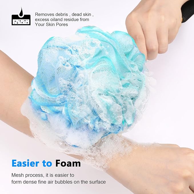 FORENEE Blue, Green and White Loofah on a Stick, PE Mesh Back Scrubber