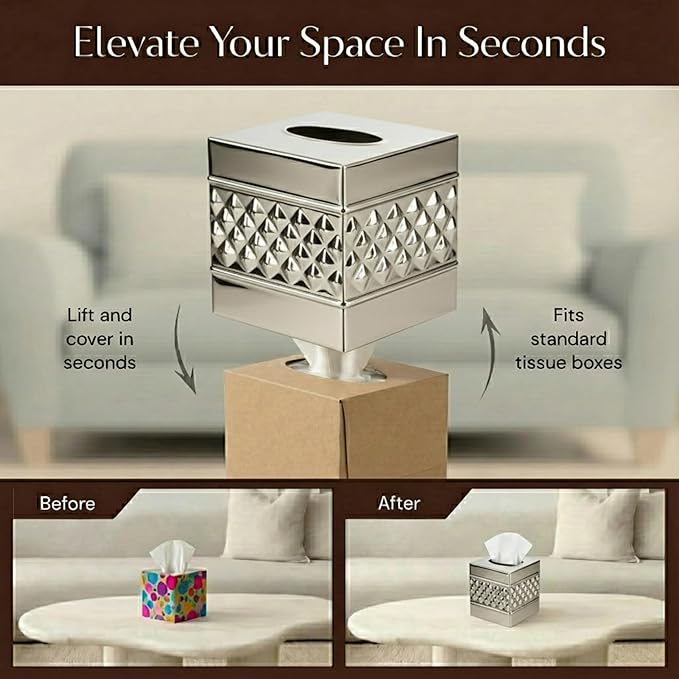 Monarch Abode Tissue Box Cover Square – Handcrafted Geo Embossed Nickel Chrome Finish Metal Tissue Holder Box for Bathroom Accessory, Aesthetic Decorative Facial Napkin Cube for Modern Home Décor