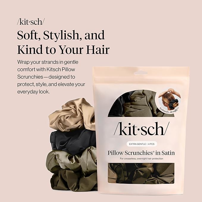 Kitsch Pillow Satin Scrunchies for Women - Hair Ties No Damage, No Crease Hair Accessories | Perfect for Day or Night - Black, 4pcs