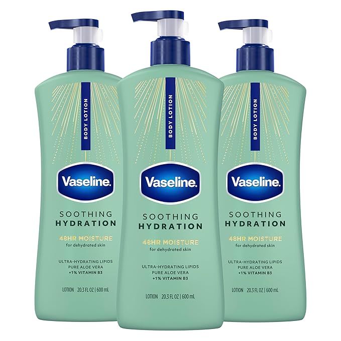 Vaseline Intensive Care Body Lotion for Dry Skin Soothing Hydration Lotion Made with Ultra-Hydrating Lipids + 1% Aloe Vera Extract to Refresh Dehydrated Skin 20.3 oz, Pack of 3 (packaging May Vary)