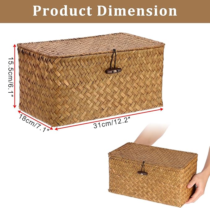 Sumnacon Wicker Basket with Lid Rectangle Woven Baskets for Toiletries Tampon Storage,Wicker Storage Basket with Lid,Decorative Seagrass Storage Baskets for Shelf Bathroom Toilet Table, Caramel